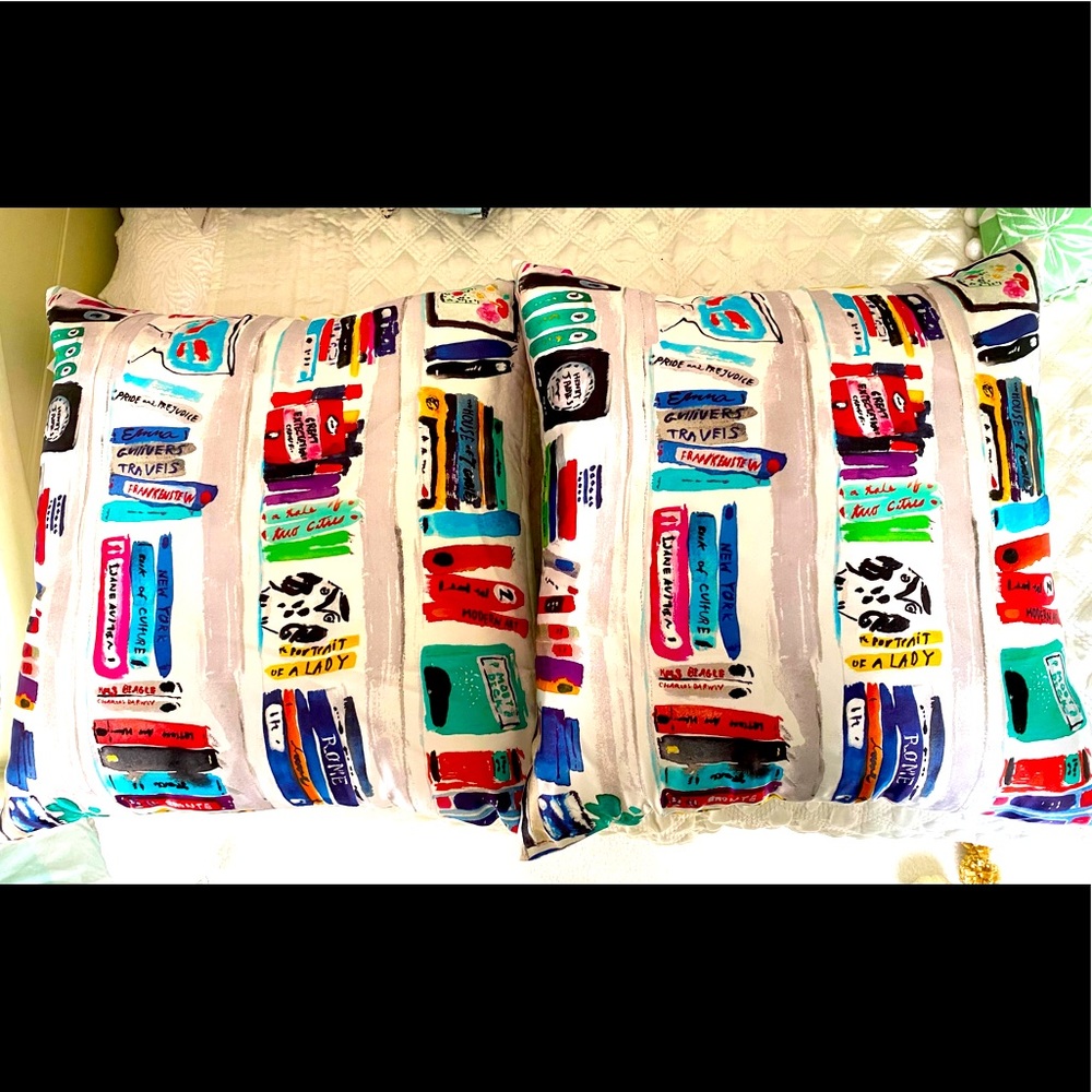 RARE-Set-2 Kate Spade Silk Pillows-BOOKSHELF print